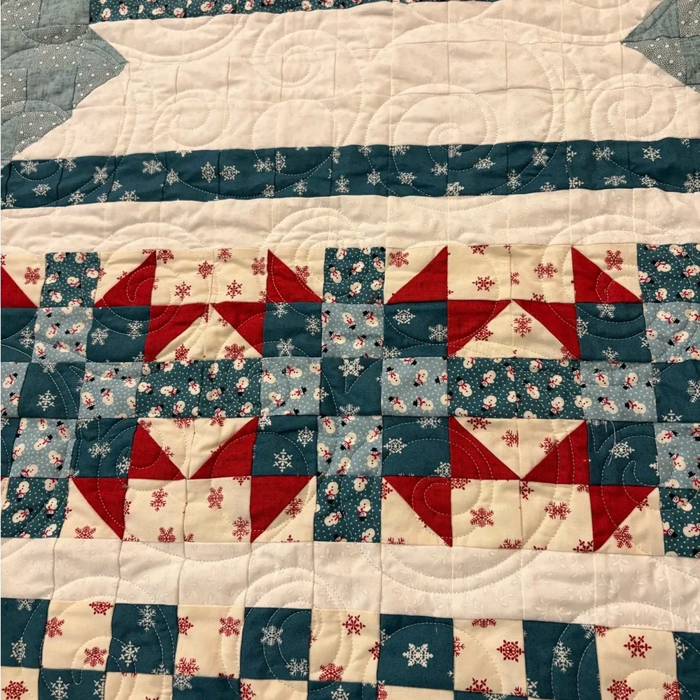 Handmade Snowman Quilt with Red and Blue Accents